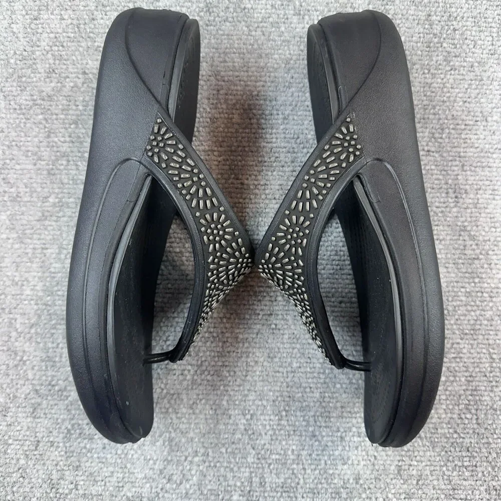 Crocs Women's Black Monterey Diamante Wedge Flip Flop Thong Sandals Size 10